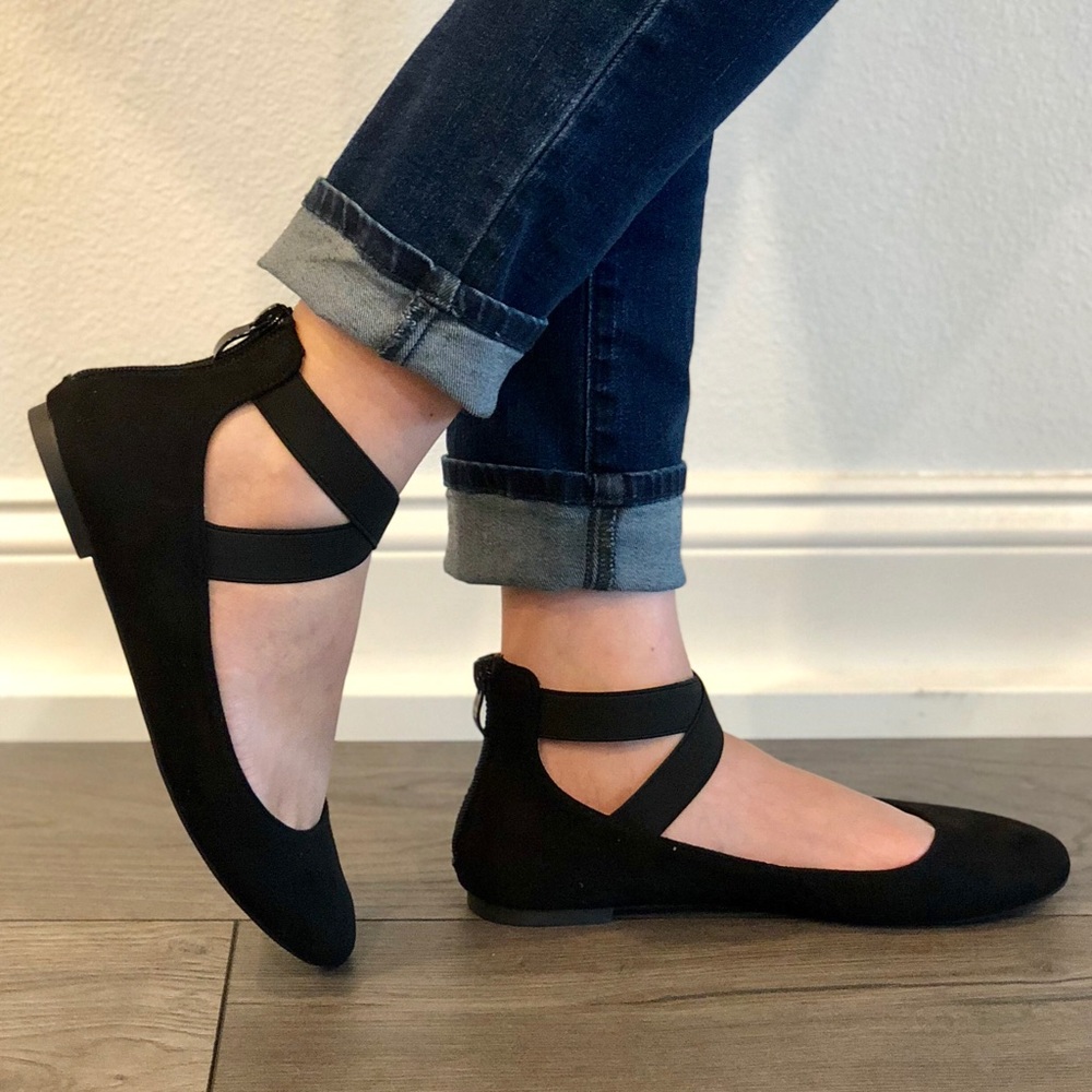 Black Vegan Suede Ballet Wrap Ankle Slip on Flats - Picture 4 of 8